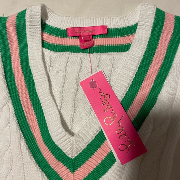 Lilly Pulitzer White Cable Knit Sweater with Green and Pink Accents - Picture 2 of 4